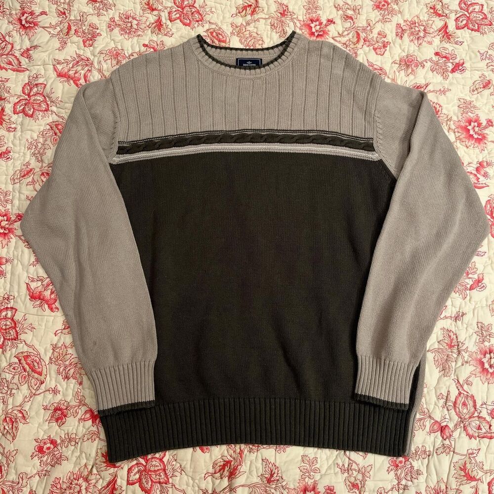 Beautiful Vintage 90s Dockers Dark Green and Cream Woven 100% Cotton Sweater